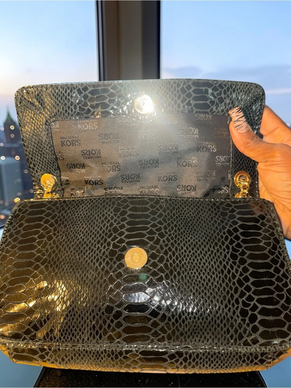 Michael Kors Fulton Small Flap Shoulder Bag – Black Python-Emossed Leather